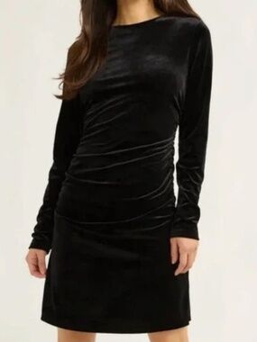 Size S Scoop Women's Velvet Mini Dress with Long Sleeves, Ruched Sides
